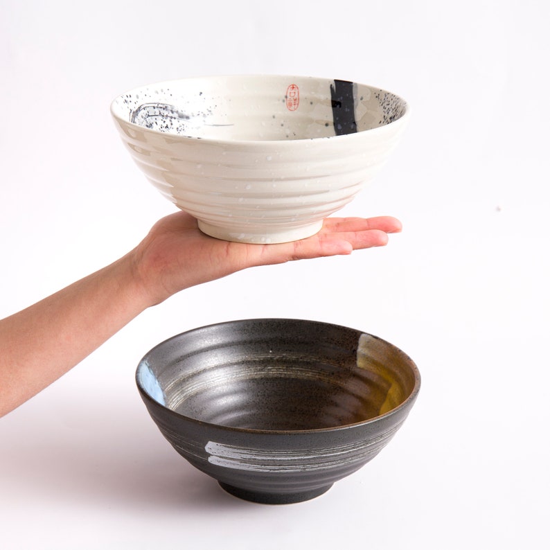 Rustikale Schwarz-Weiß-Keramik-Schalen, handgefertigte Keramikschalen, Suppensalatschüssel, Nudelschalen, Esszimmerschalen, Steinzeugschalen, Geschirr Both Bowls