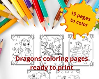 Dragon Coloring Pages | Kids Coloring Book Printable (19 Pages) | Dragon Coloring Activity (3+Kids) | Animal Coloring Sheet | PDF Download