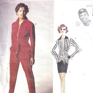 May include: Vogue Attitudes pattern 1419. The image shows a woman in a red jumpsuit with a zipper closure and a sketch of a black and white striped jacket and skirt. The pattern includes sizes and the Vogue Attitudes logo.