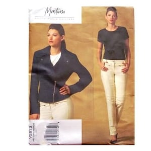 May include: A sewing pattern showing two women in outfits. One wears a navy jacket with a gold zip and white trousers. The other wears a black t-shirt and white trousers. The pattern is labelled "Montana".