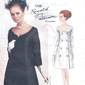 May include: A vintage Vogue Couturier Design sewing pattern featuring a black dress and a white dress with a double-breasted design. The pattern is for design number 1758 by Ronald Paterson of London.