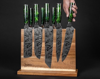 Magnetic Knife Block - Natural Acacia Hardwood Knife Stand - Holds Up to 12 Full-Length Knives - Space-saving Knife Storage Solution