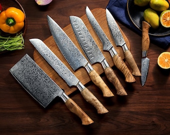 7-Piece Damascus Steel Kitchen Knife Set with Natural Sycamore Wood Handles - Japanese VG10 67-layer Damascus Steel