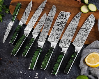 8-Piece Complete Japanese Kitchen Knife Set with Stunning Green Resin Handles - Razor Sharp Engraved Blades Sharpened at 15 Degrees