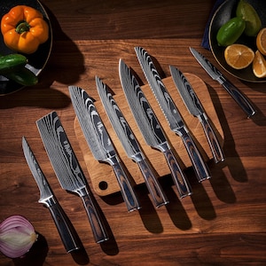 High Carbon Steel 8-Piece Kitchen Knife Set with Damascus Blade Pattern & Smooth Wood Handles - Chef Knife, Cleaver, Paring Knife and More