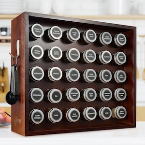 Beautifully Crafted Spice Rack Set with Mahogany Finish - includes 30 Glass Spice Jars, 80 Labels, 5 Measuring Spoons - Kitchen Organizer