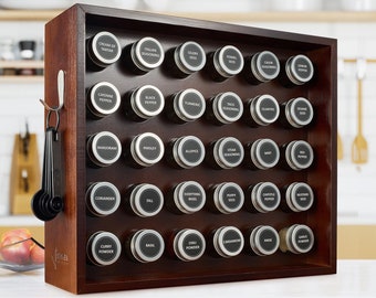 Beautifully Crafted Spice Rack Set with Mahogany Finish - includes 30 Glass Spice Jars, 80 Labels, 5 Measuring Spoons - Kitchen Organizer