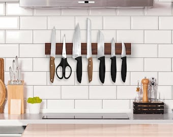 Natural Acacia Wood Magnetic Knife Strip - Adhesive Strips Included to Safely Mount on Any Surface Including Tile - Extra Long 15.75&quot; Length