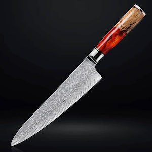 Red Tsunami 8 "Damaststahl Kochmesser - 67-lagiges japanisches VG10, schöner roter Harz-Wurzelholzgriff
