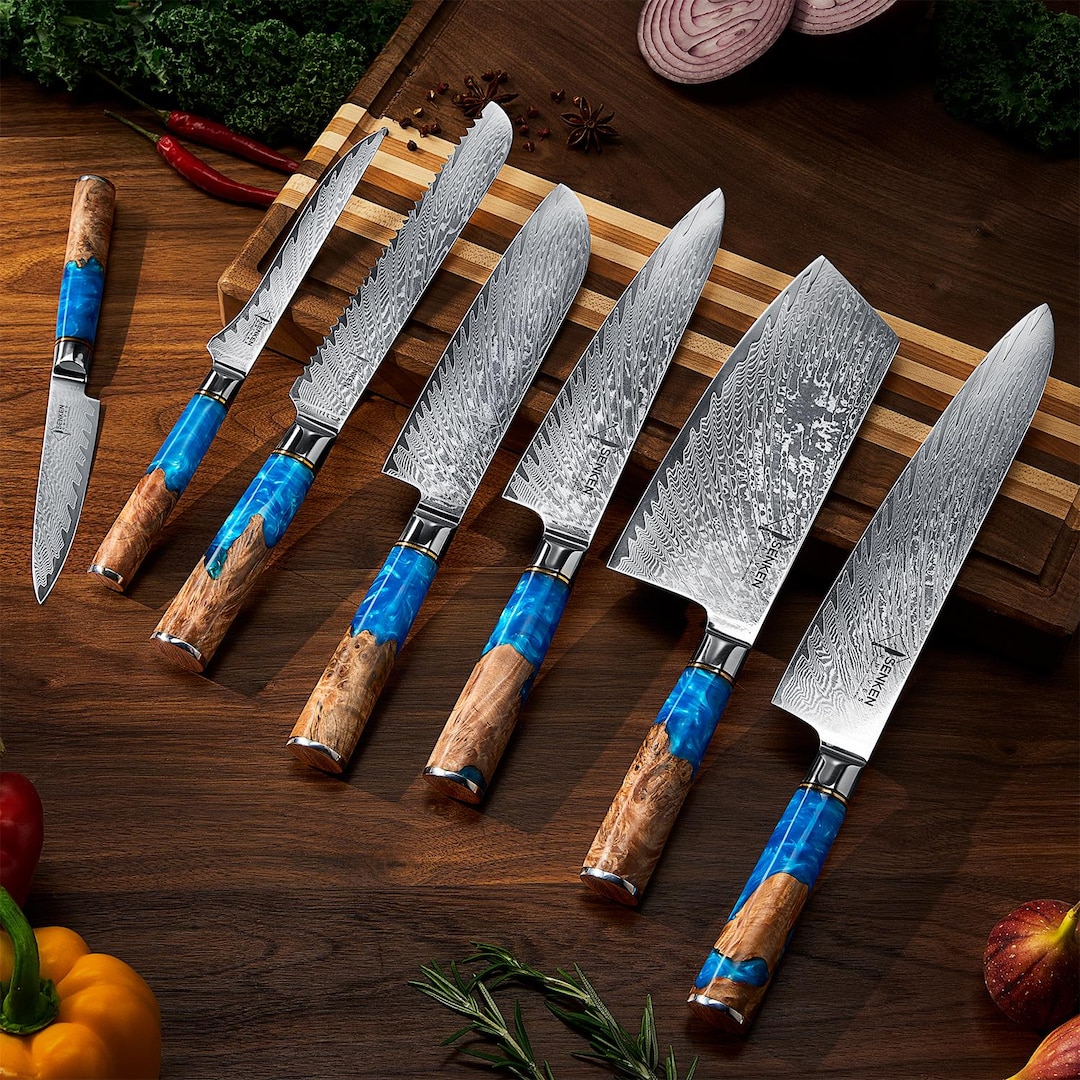 Stunning 7-piece Damascus Steel Knife Set With Blue Resin Burl