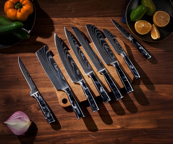 Chef Knife Set With Black Resin Handle and Damascus Blade Pattern Complete 8 piece Kitchen Collection Etsy Ireland