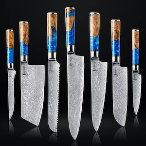 67-Layer Damascus Steel Kitchen Knife Set - 7-Piece Japanese Chef Knife Set &quot;Tsunami&quot; Collection, Forged from Japanese VG10 Steel