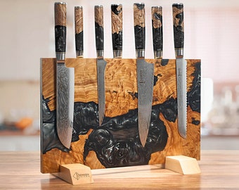 Extra Large Black Resin Magnetic Knife Block - Holds Up to 16 Knives - Beautiful Black Epoxy & Natural Wood Blend, Universal Knife Holder