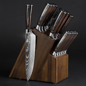 16-Piece Natural Acacia Wood Knife Block Set - Damascus Pattern Chef Knife Set, Steak Knives, Kitchen Shears - Pakka Wood Handles