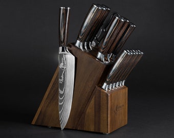 16-Piece Natural Acacia Wood Knife Block Set - Damascus Pattern Chef Knife Set, Steak Knives, Kitchen Shears - Pakka Wood Handles