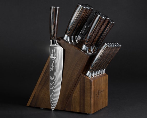 16-piece Natural Acacia Wood Knife Block Set Damascus Pattern Chef Knife Set,  Steak Knives, Kitchen Shears Pakka Wood Handles 