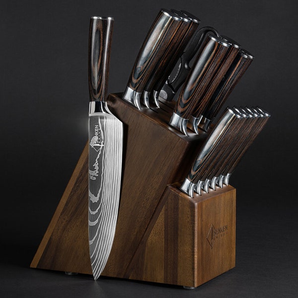 Juego de bloques de cuchillos de madera de Acacia Natural, 16 piezas, juego de cuchillos de Chef con patrón de Damasco, cuchillos para carne, tijeras de cocina, mangos de madera de Pakka