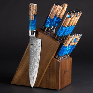 15-Piece Damascus Knife Block Set with Acacia Wood Block - Tsunami Collection - 67-Layer Japanese VG10 Damascus Knives, Complete Collection