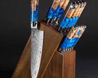 15-Piece Damascus Knife Block Set with Acacia Wood Block - Tsunami Collection - 67-Layer Japanese VG10 Damascus Knives, Complete Collection