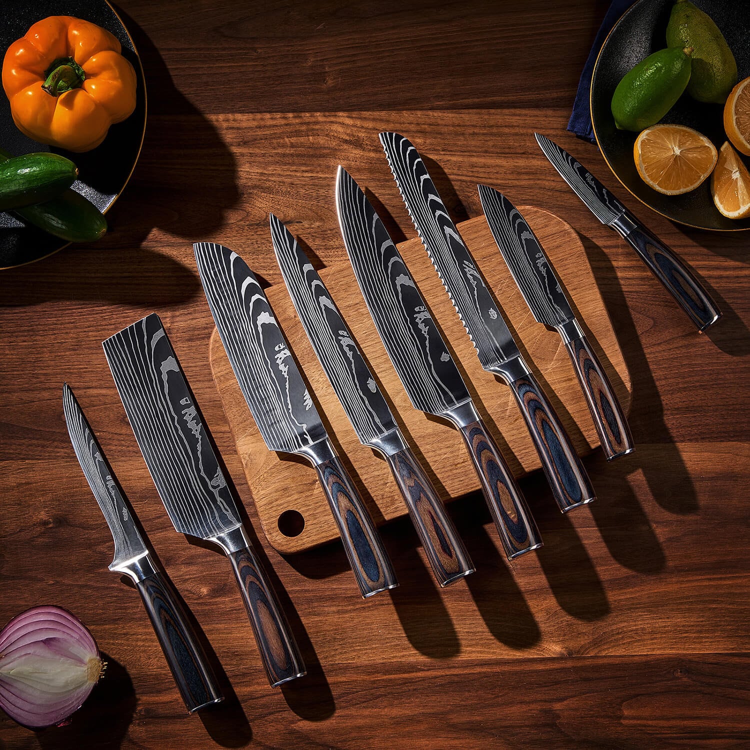 16-piece Natural Acacia Wood Knife Block Set - Damascus Pattern