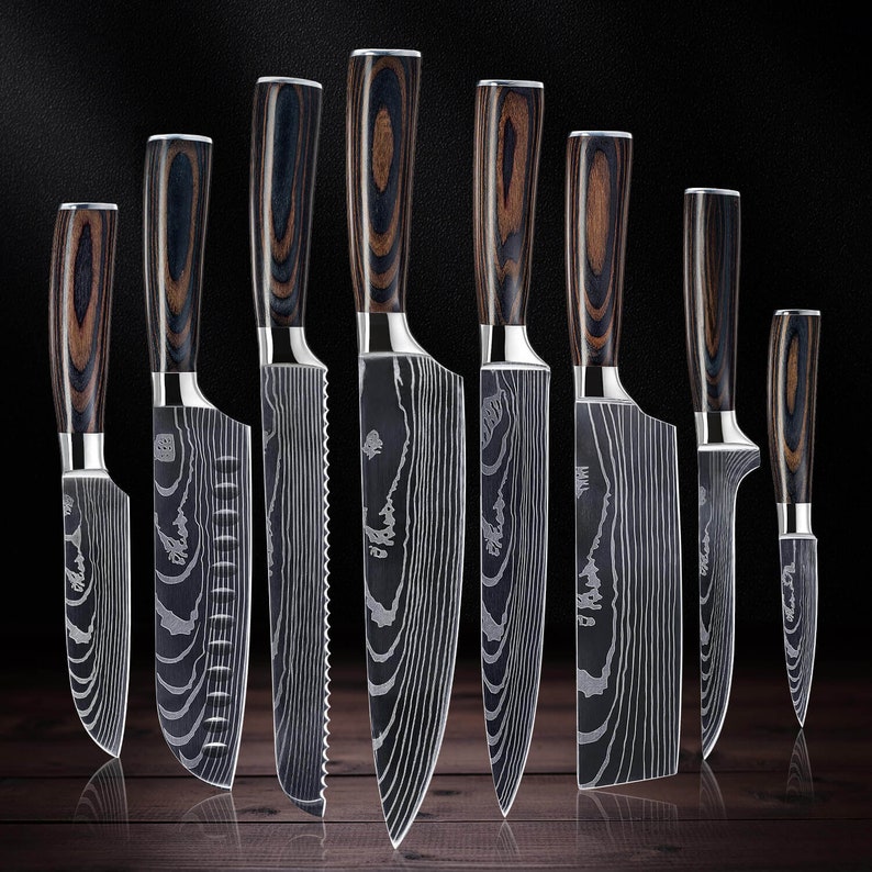 16-Piece Natural Acacia Wood Knife Block Set - Damascus Pattern Chef Knife Set, Steak Knives, Kitchen Shears - Pakka Wood Handles