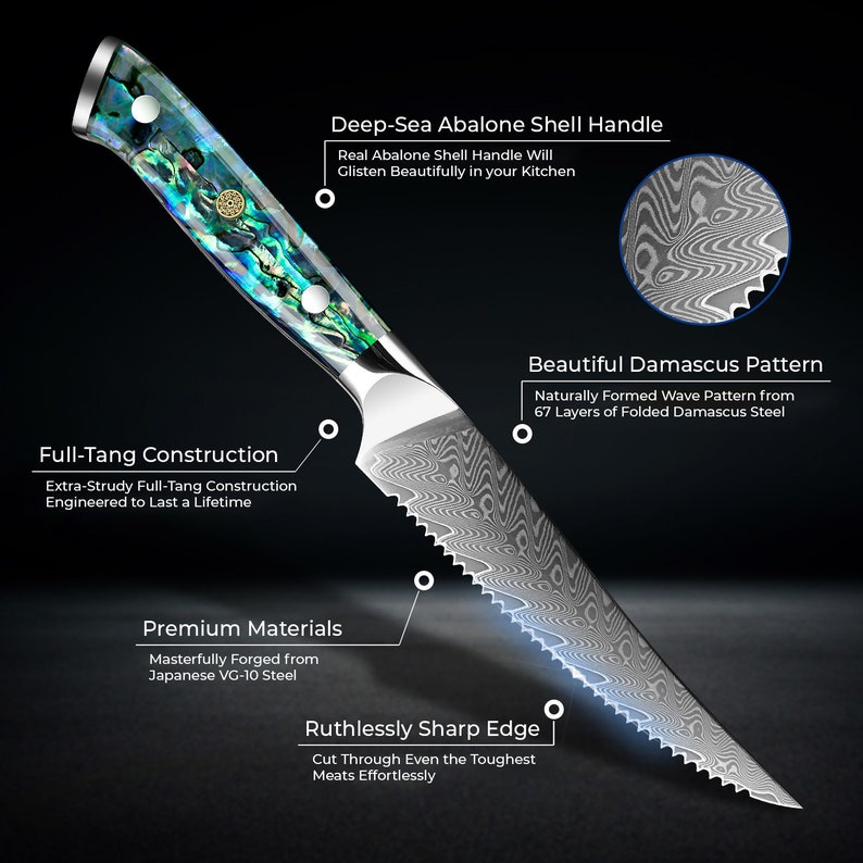 Damascus Steel Steak Knife Set with Abalone Shell Handle Info and Specs