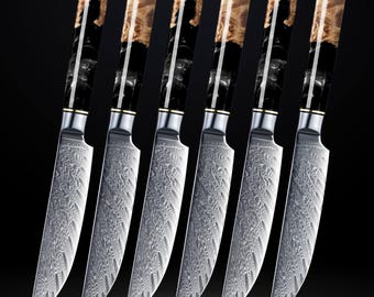 6-Piece Black Tsunami Damascus Steel Steak Knife Set - Black Resin Burl Wood Handle - Ultra Sharp Japanese VG10 67-Layer, Non-Serrated Blade