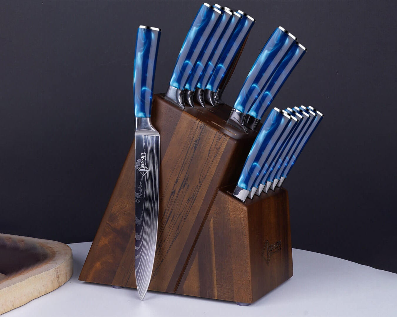 16piece Natural Acacia Wood Knife Block Set Damascus Etsy