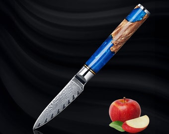 Damascus Steel Paring Knife with Signature "Tsunami" Blue Resin Wood Blend - 67-layer Japanese VG10  Peeling Knife, 3.5" Blade Fruit Knife