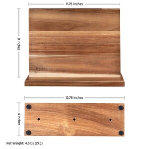 May include: A wooden knife block with a magnetic strip for holding knives. The block is 11.75 inches tall, 12.75 inches wide, and 4 inches deep. It weighs 4.5 pounds. The block has a dark brown finish and a label that says "SENKEN".