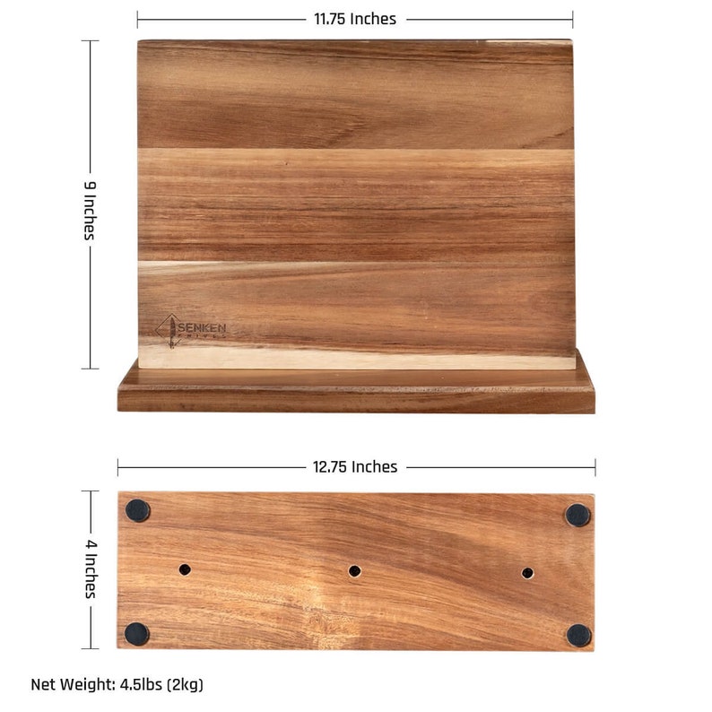 May include: A wooden knife block with a magnetic strip for holding knives. The block is 11.75 inches tall, 12.75 inches wide, and 4 inches deep. It weighs 4.5 pounds. The block has a dark brown finish and a label that says "SENKEN".