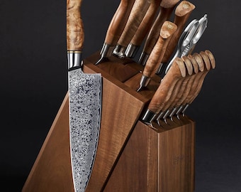 16-Piece Damascus Steel Knife Block Set - The Dynasty Collection - 67-Layer Japanese VG10 Steel with Natural Sycamore Wood Handles