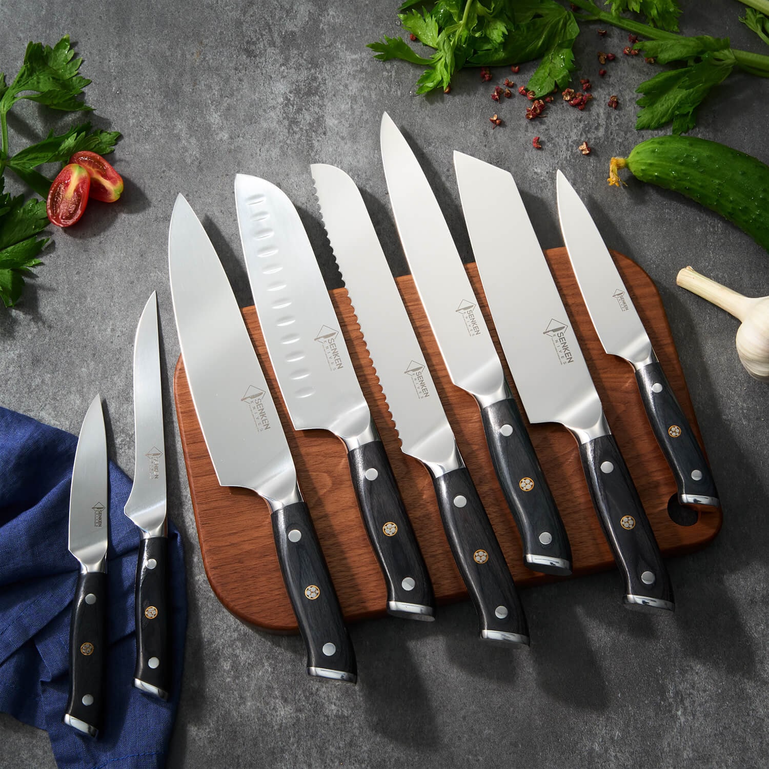 8-piece Japanese Full-tang Kitchen Knife Set With Smooth Satin Finish the  Emperor Collection High Carbon Steel W/ Blackwood Handles 