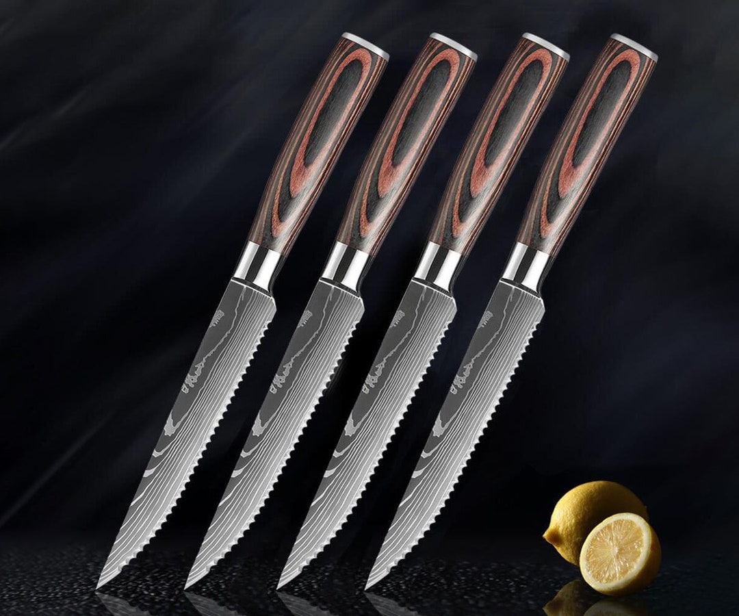 Steak Knives,4 Pieces Steak Knife Set With Sharp Serrated Blade,Natural  Wooden Handle,Professional Steak Knife Set.