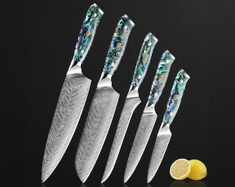 67-Layer Damascus Steel Kitchen Knife Set - 5-Piece Japanese Chef Knife Set with Authentic Deep-Sea Abalone Shell Handle, Luxury Gift Box