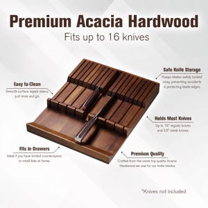 May include: A wooden knife organiser made from premium acacia hardwood, designed to hold up to 16 knives. The organiser has slots for safe storage and is easy to clean. It fits in drawers and holds knives up to 25.4 cm long. The text on the image says "Knives not included."