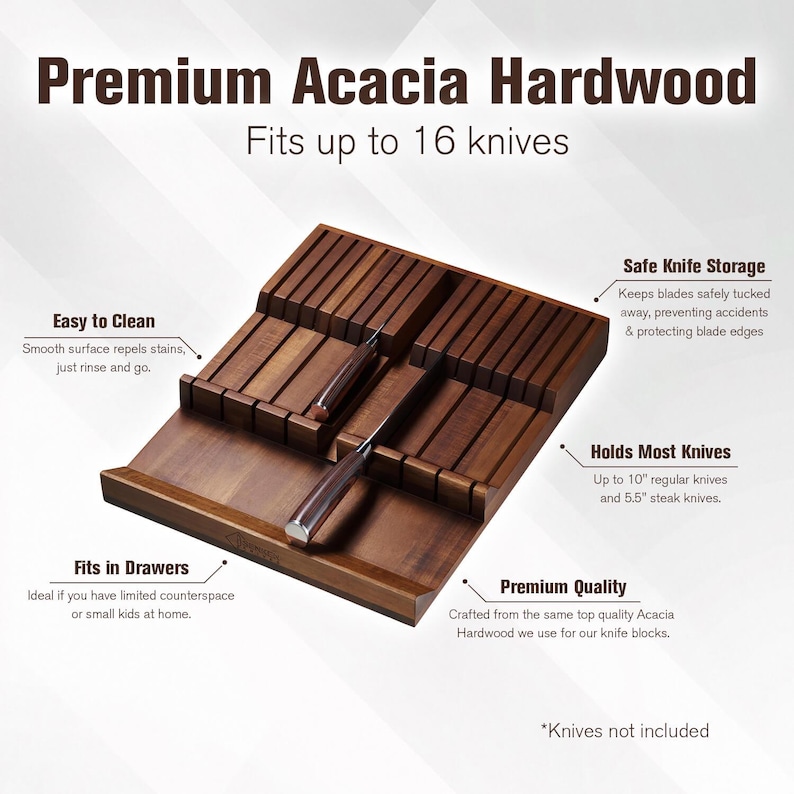 May include: A wooden knife organiser made from premium acacia hardwood, designed to hold up to 16 knives. The organiser has slots for safe storage and is easy to clean. It fits in drawers and holds knives up to 25.4 cm long. The text on the image says "Knives not included."