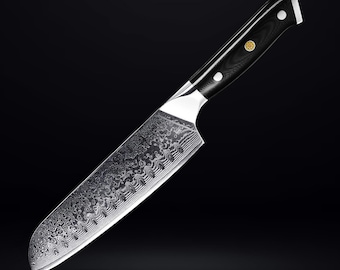 67-Layer Damascus Santoku Knife - Japanese Chef Knife forged from Japanese VG10 Steel - RUTHLESSLY Sharp Edge