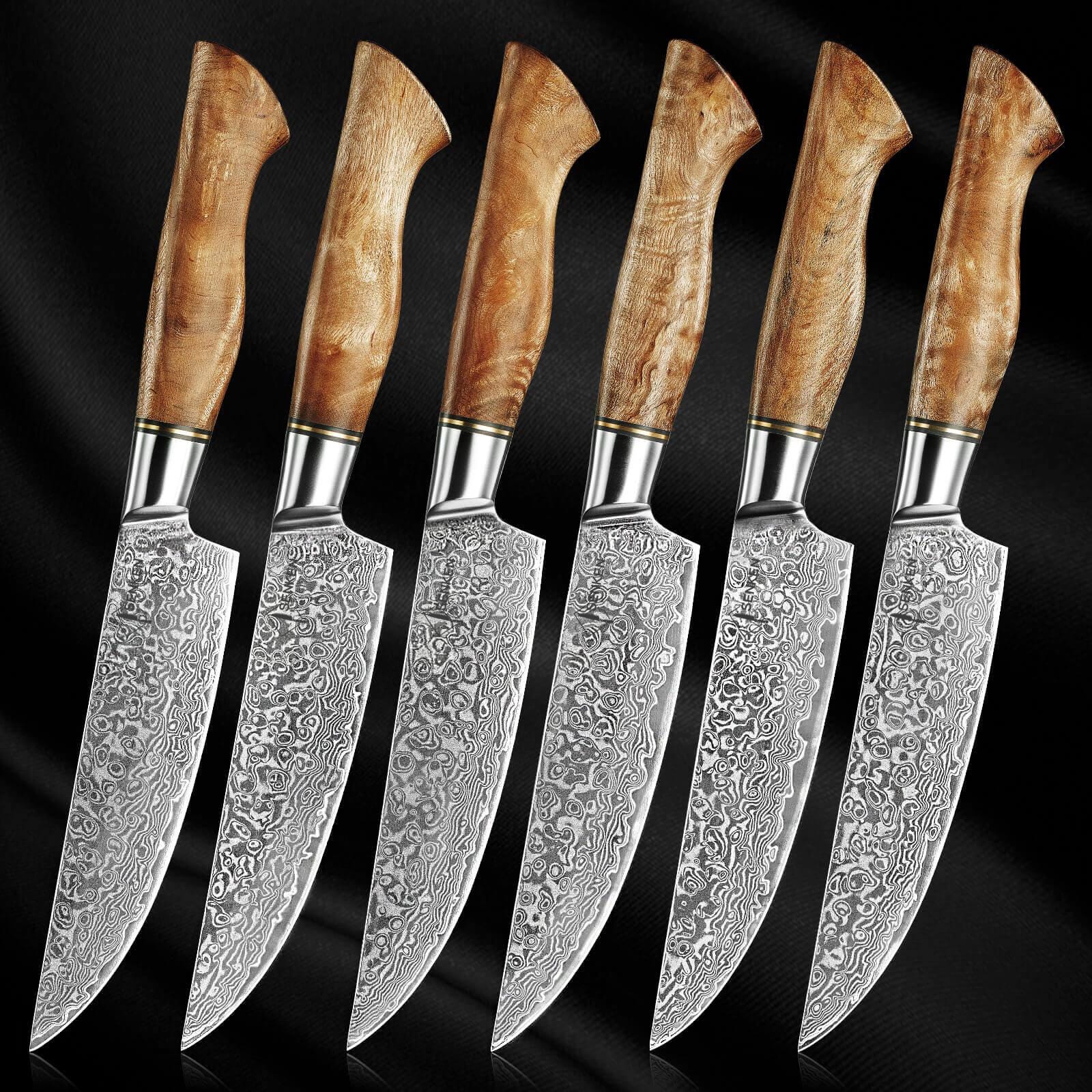 6-Piece Damascus Steel Steak Knife Set - Non-Serrated - Highest Quality Japanese VG10 Steel with Beautiful Finished Sycamore Handles