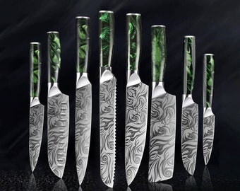 Beautifully Engraved Knife Set - Japanese Knife Set with Green Resin Handles - "Wasabi" 8-Piece Knife Collection