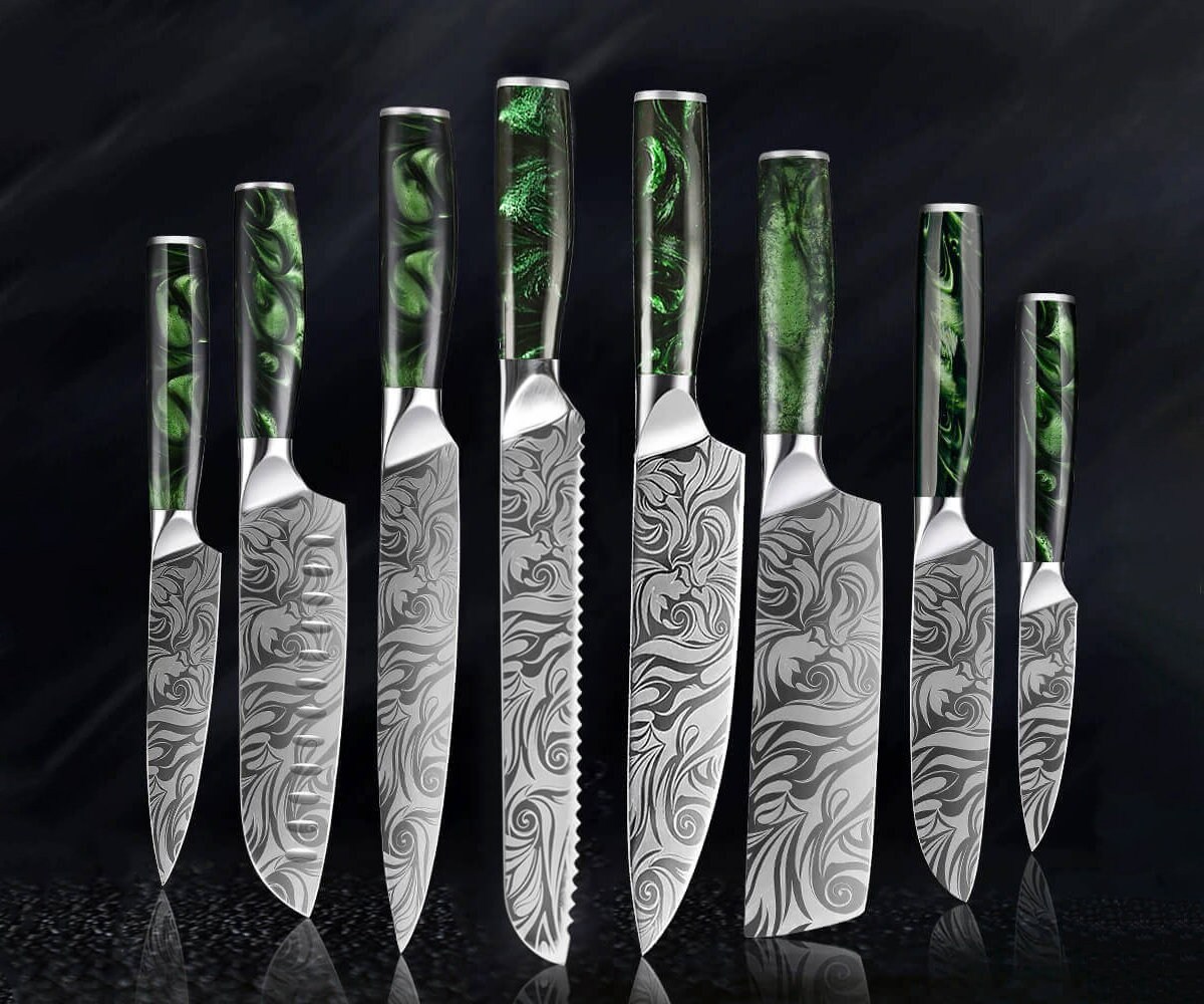 Beautifully Engraved Knife Set Japanese Knife Set With Green Resin Handles  wasabi 8-piece Knife Collection 