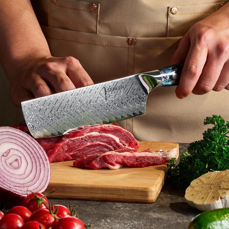 Umi Damascus Steel Japanese Cleaver Abalone Shell VG-10 67-Layer Nakiri Cutting Meat