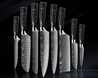 Ensemble de 8 couteaux de cuisine japonais avec manche en résine noire et motif de lame damas - Ensemble de couteaux de chef professionnels avec boîte-cadeau de luxe