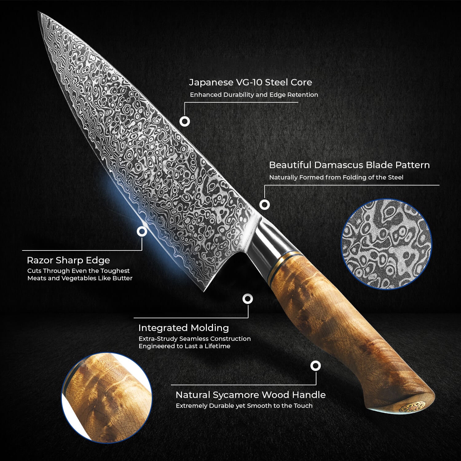 Coltello Giapponese Damasco 20 Cm Chef - VG10 67 Strati Con Manico G10 E Fodero - Hecef