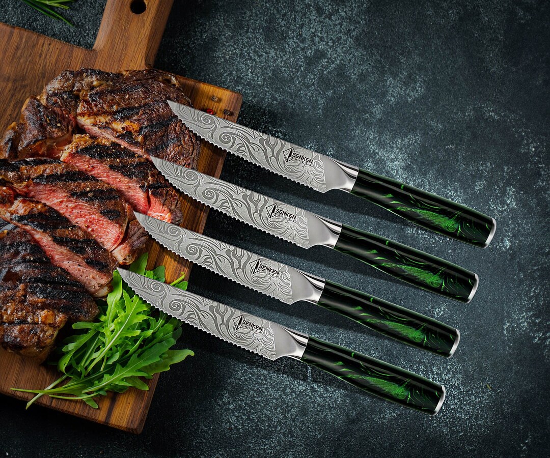 Beautifully Engraved Steak Knife Set With Emerald Green Resin Handle High Carbon Stainless Steel