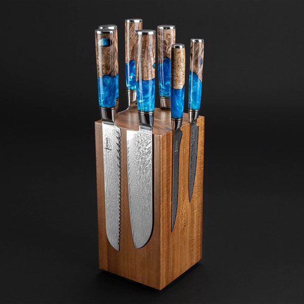 Rotating Magnetic Knife Block - Natural Acacia Hardwood Knife Stand with 360 Degrees Rotation - Convenient Space-Saving Knife Storage