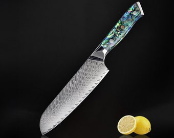 Japanese Damascus Santoku Knife with Real Abalone Shell Handle - 67-layer Japanese VG10 Steel, 7" Full-Tang Blade with Unique Angled Bolster