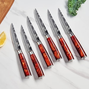 Stunning Red Resin Steak Knife Set with Damascus Blade Pattern - Razor Sharp Serrated Blade - Gift Box Sets of 4, 6, or 8