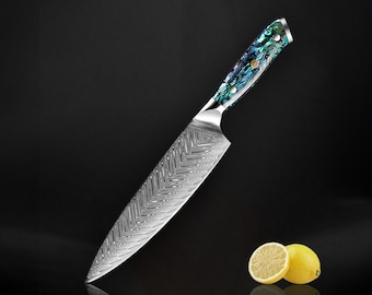 Damascus Steel Japanese Chef Knife with Real Abalone Shell Handle - 67-layer Japanese Damascus VG10 Steel, 8" Full-Tang Blade