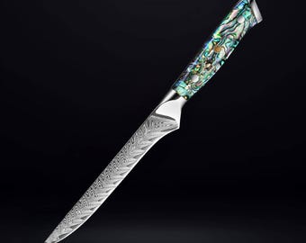 ダマスカス鋼骨抜きナイフ、本物のアワビ貝のハンドル付き - 67層日本製VG10鋼フィレナイフ、6インチフルタングブレードフルーツナイフ